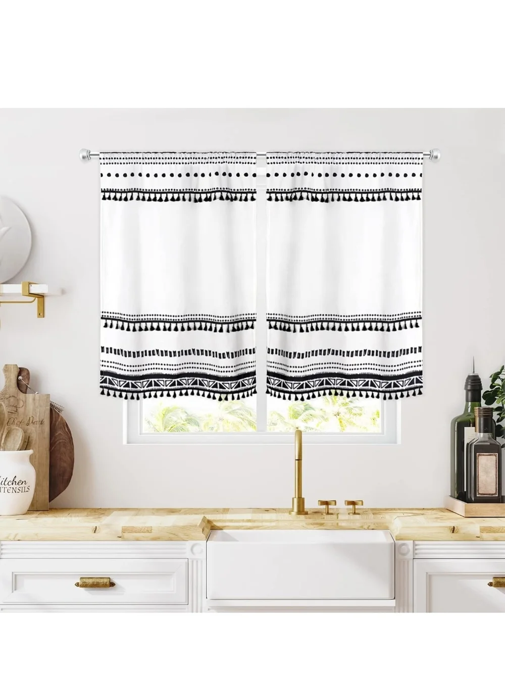 Boho Tassel Window Curtain Panel in Ivory and Black